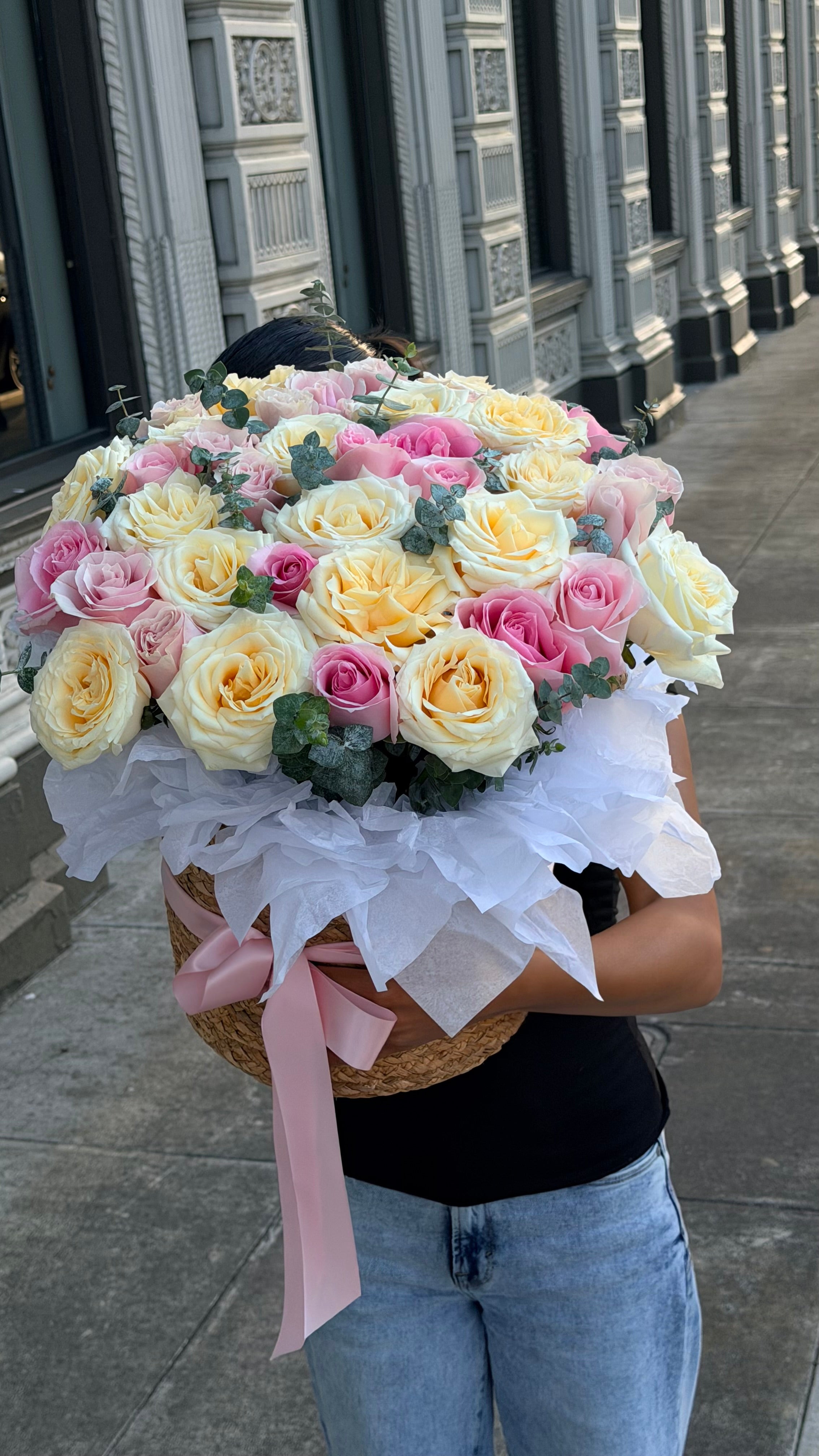 Blush & Ivory Rose Basket